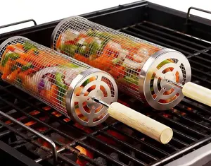 Rolling Grill Basket 2-Pack, Premium 304 Stainless Steel, Removable Wooden Handles, Upgrade Rolling Grill Baskets for Outdoor Grill, BBQ Grill Accessories for Outdoor Grill, Outdoor Gifts for men