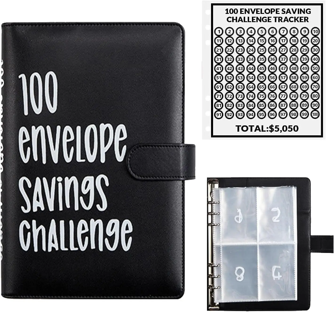 100 Envelope Money Saving Challenge Binder - Black 100 Envelope Challenge Tracker for Easy Fun Savings Budgeting at Home Office School