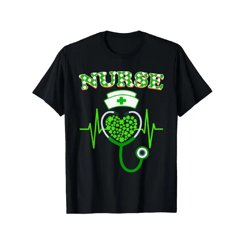 Menswear Soft Vintage Round Neck Short-Sleeve Irish Nurse Shamrock Stethoscope St Patrick's Day 2024 T-Shirt - 100% Cotton, S-XXXL Oversized Casual Graphic Tees for Men & Women Outdoor Wear