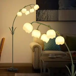 Arc Floor Lamp for Living Room, Flower Floor Lamp with 5 G9 LED Bulbs, Foot Switch, Green Floral Standing Lamp with Acrylic Shade, Curved Tall Lamp for Living Room Bedroom Corner Kids Reading