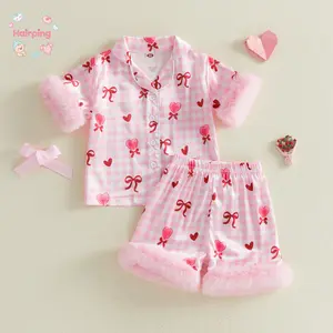 Toddler Girl Pajama Set - 2-Piece Short Sleeve Checkered Heart & Bow PJs with Fluffy Cuffs, Soft Cute Sleepwear for Kids Toddlers (1M-9T) Nightwear Outfit