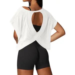 Women's Open Back Loose Fit Short Sleeve Workout Crop Tee Athletic Shirts for Gym Running Yoga