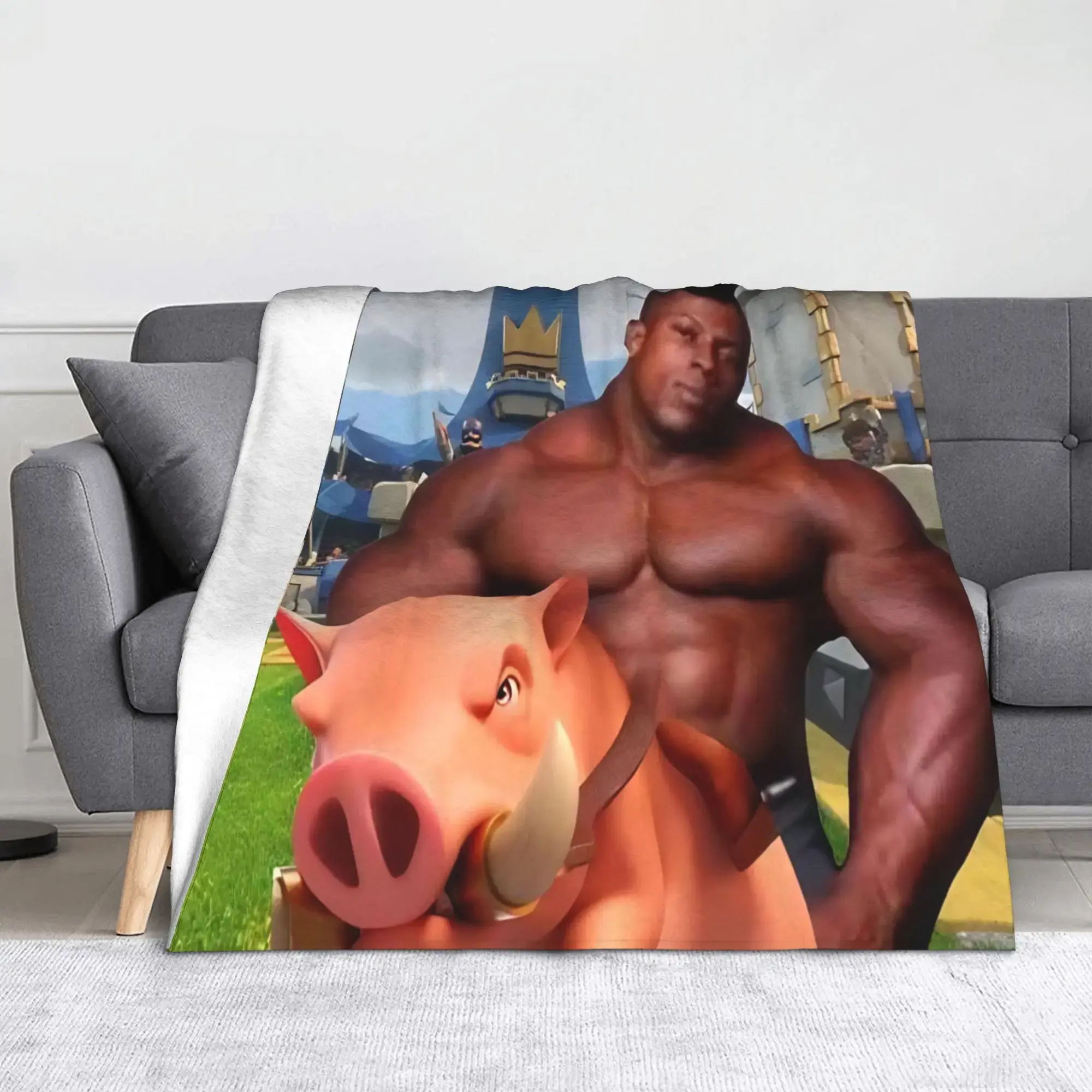 Clash of Clans Buff Man & Hog Rider Meme Flannel Blanket, Funny Clash Game Throw, Whimsical Hog Rider & Muscular Character Design, Soft Cozy Fleece Blanket, Warm Throw for Couch Bed, Gag Gift for Clash Fans