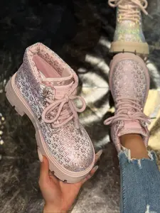 Women's Fashion Glitter Sneakers, Thick Sole Wedge Shoes, Sparkling Rhinestone High Top Sports Shoes, Trendy Sequin Wedding Shoes