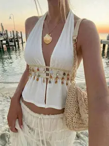 Boho Style Backless Halter Top with Shell Decoration, Elegant Beachwear Design, Perfect for Summer & Casual Wear