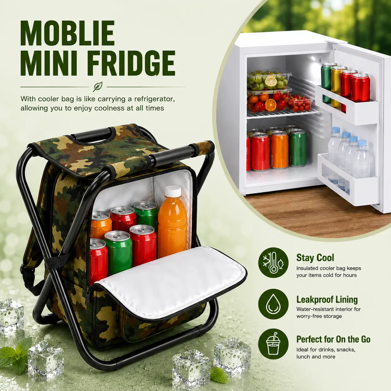 Folding Fishing Stool Backpack, 3-in-1 Portable Camo Oxford Chair with Insulated Cooler Bag for Camping & Hiking, Supports 300 lbs