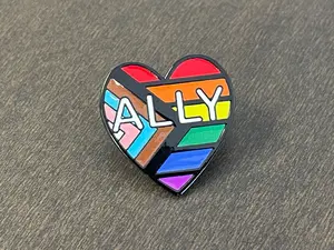 Progress Rainbow Ally Heart Enamel Pin - LGBTQ+ Progress Pride Flag Lapel Pin, Rainbow Ally Support Accessory, Equality & Pride Month Gift, Soft Enamel, Black Metal Plating, 1" Size