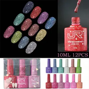 JR 10ml Hot Sell Reflective Glitter UV Light Gel Nail Polish Set, 12 Colors Including Pink Red Silver Holographic Gel Kit UV LED Soak Off Nail Polish Home DIY Manicure Salon Varnish as gift for Women