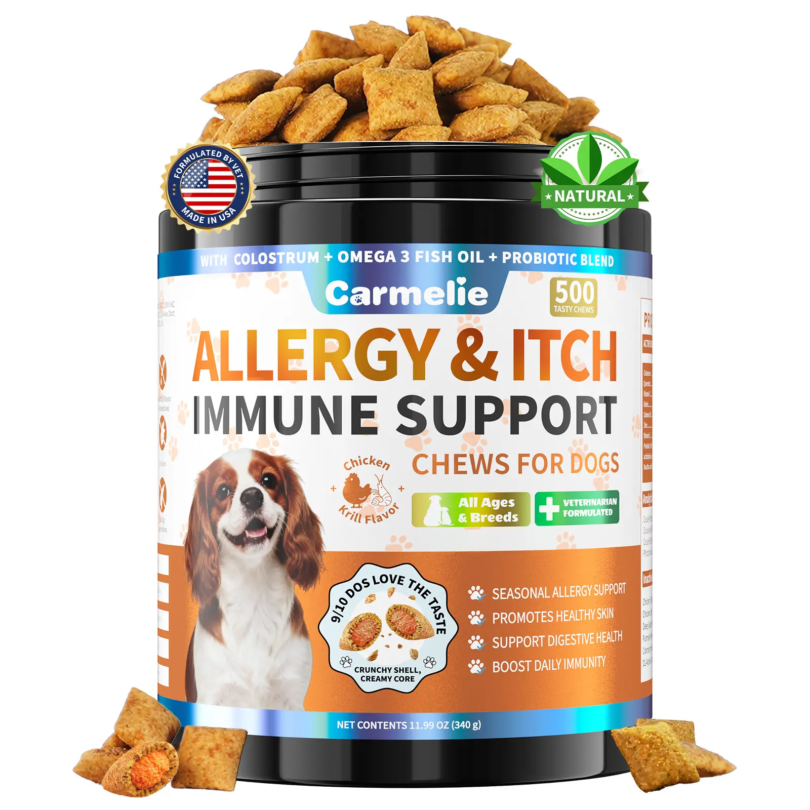 Carmelie Dog Allergy Chews, 500 Crunchy & Tasty Chews, Helps Relieve Yeast Overgrowth,  Dog Itching Skin Relief & Immune Support Chew with Omega 3 Fish Oil Probiotic Blend for Coat Paw Relief Gut & Digestive Health, Chicken Krill Flavor