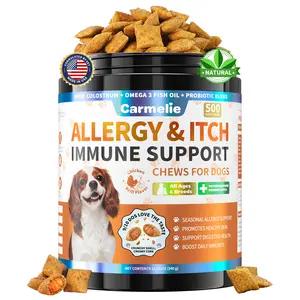 Carmelie Dog Allergy Chews, 500 Crunchy & Tasty Chews, Helps Relieve Yeast Overgrowth,  Dog Itching Skin Relief & Immune Support Chew with Omega 3 Fish Oil Probiotic Blend for Coat Paw Relief Gut & Digestive Health, Chicken Krill Flavor