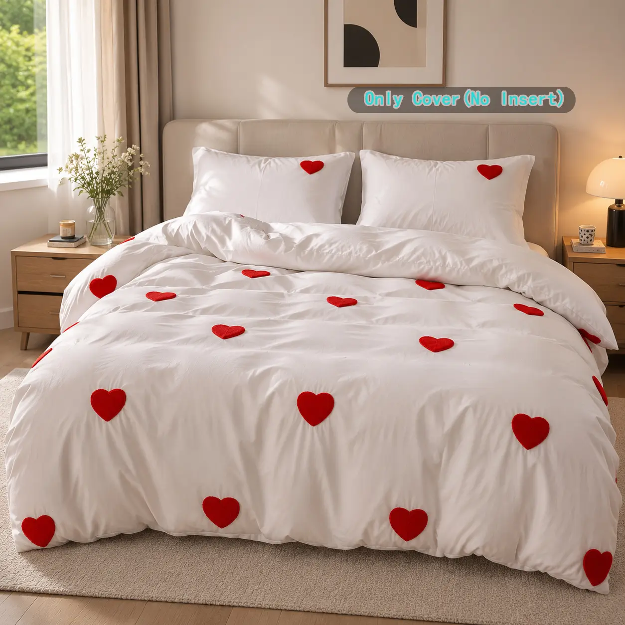 Love Embroidered Duvet Cover Set (No Filling)，Includes 1 Duvet Cover with Zipper Closure & 1-2 Pillow cases, Soft & Breathable Comforter Cover, Cozy Cottagecore Bedroom Decor for Women & Couples, Machine Washable