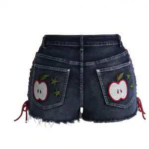 2026 Plus Size Women's Loose CPlus Size Dark Gothic Apple Embroidery Pocket Design Drawstring Mini Super Short Denim Shortsamo Print Wide Leg Cropped Denim Shorts, Spring/Summer