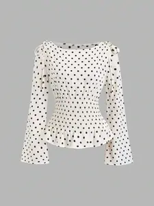 New Women's Polka Dot Bow Tie Shoulder Top, Fitted Flare Long Sleeves with Ruching Design, Ruffled Hem for Vintage Style Casual Wear