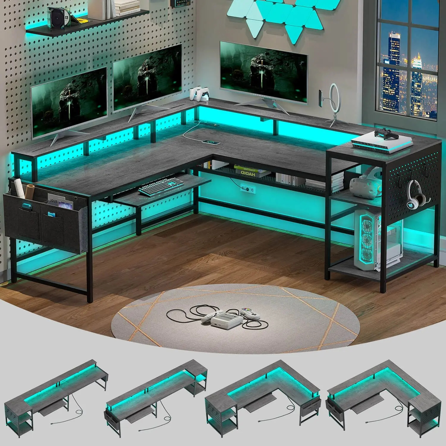 SIKAIC Ergonomic Gaming Desk, 96-Inch L-Shaped Reversible Corner Computer Desk with LED Lights, Monitor Riser, Integrated Bookshelf, Grey, Gamer Desk, Computer Pc Desk