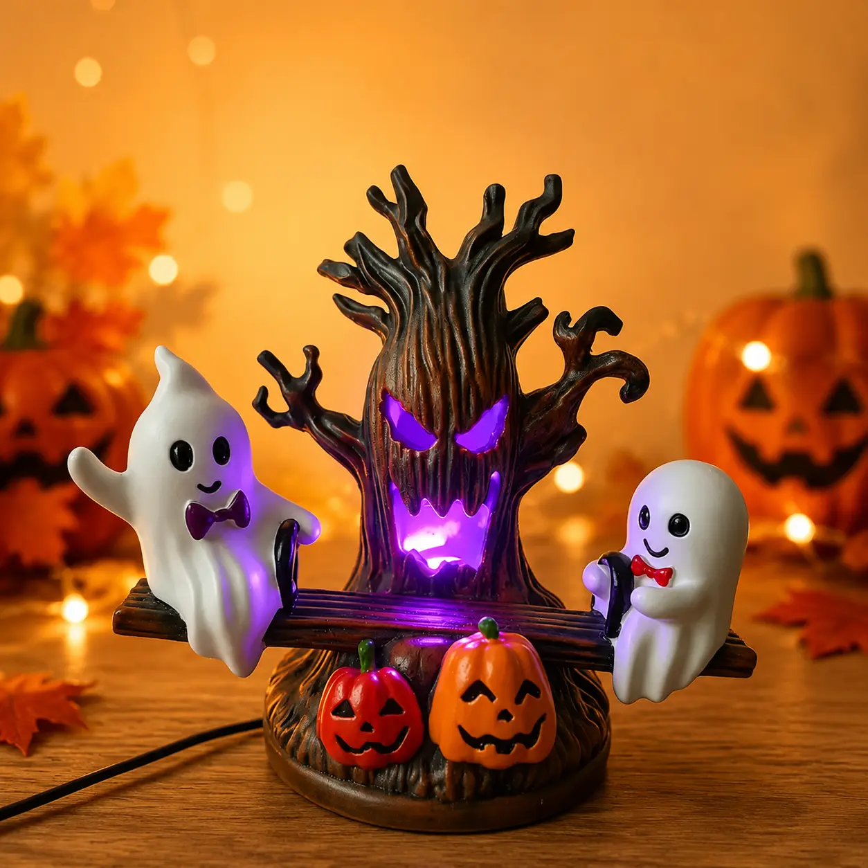 Animated Seesaw Ghost LED Night Light - Vintage Halloween Aesthetic Resin Acrylic LED Figurine, USB Plug-in Compact Tabletop Pumpkin Tree Lamp, Indoor Mantel Decor, Festive Halloween Gift (Home & Party Supplies)