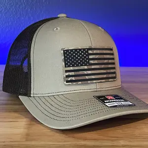 Duck Camo American Flag Patriotic Hunting Leather Patch Hat Khaki/Brown