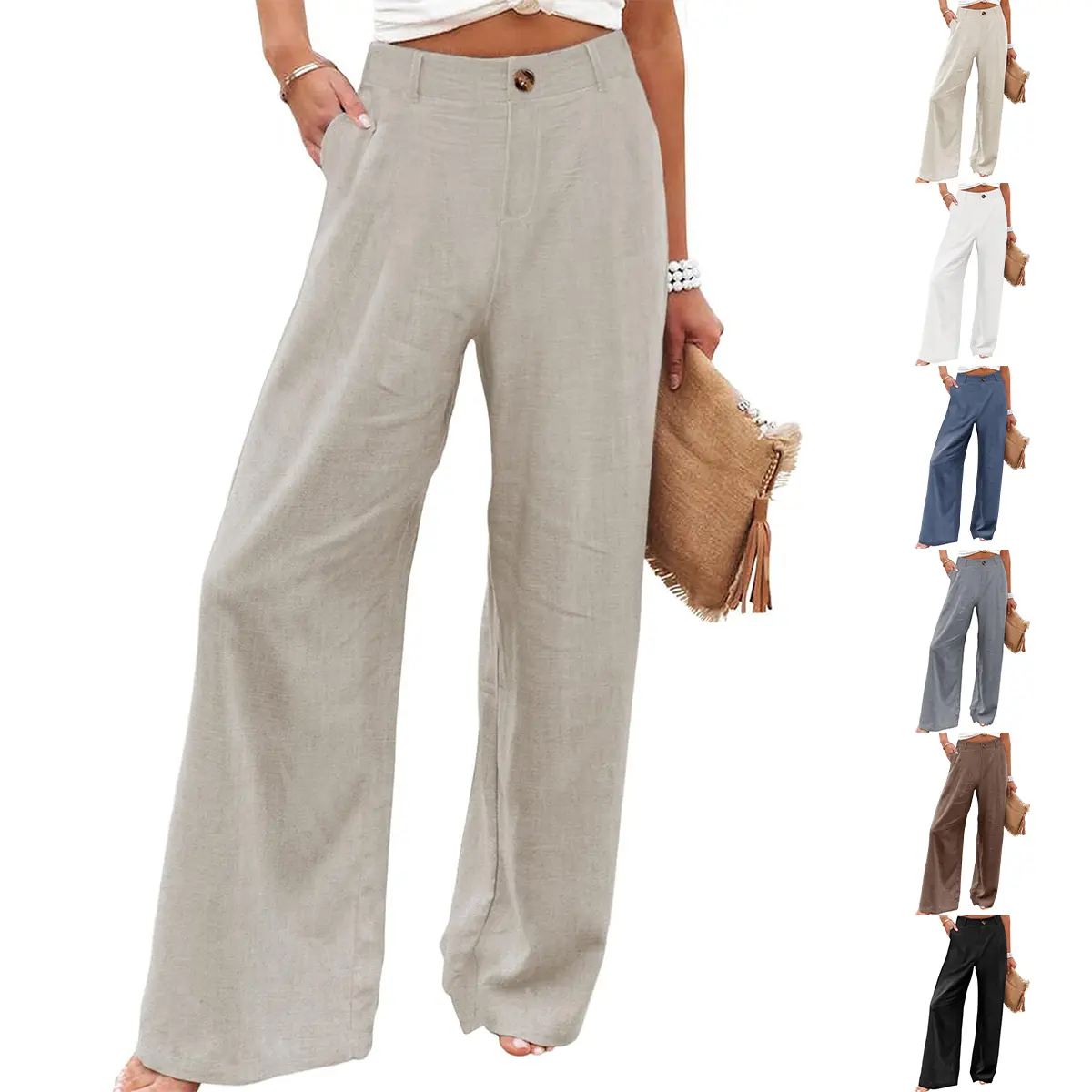 Mundoven Womens Cotton Linen Pants Casual Button Up High Waisted Wide Leg Trousers summerwins,back to school shopping
