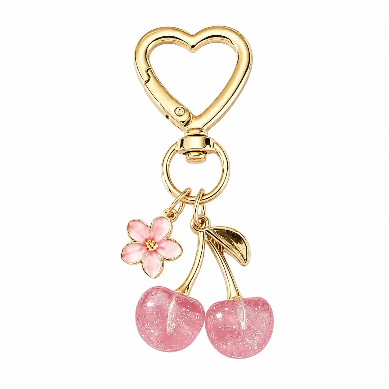 Women's Pink Glitter Cherry Alloy Keychain - Heart Clip Bag Charm, Simple Floral Phone Accessory for Purse/Backpack, Ideal Gift for Girls
