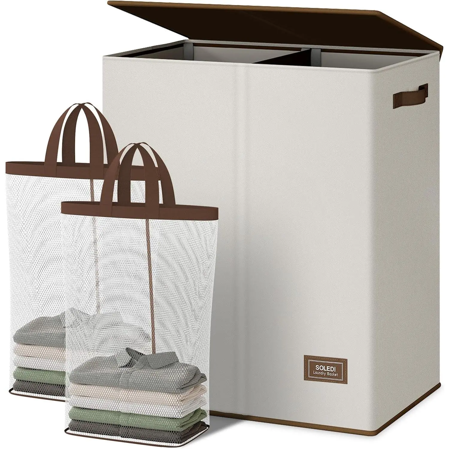 Luxury Double Laundry Hamper with Lid and Removable Bags, Large Hamper for Laundry, Laundry Basket 2 Sections, Collapsible Ditry Clothes Hamper for Bedroom, Laundry Room, Bathroom, Off-white