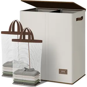 Luxury Double Laundry Hamper with Lid and Removable Bags, Large Hamper for Laundry, Laundry Basket 2 Sections, Collapsible Ditry Clothes Hamper for Bedroom, Laundry Room, Bathroom, Off-white