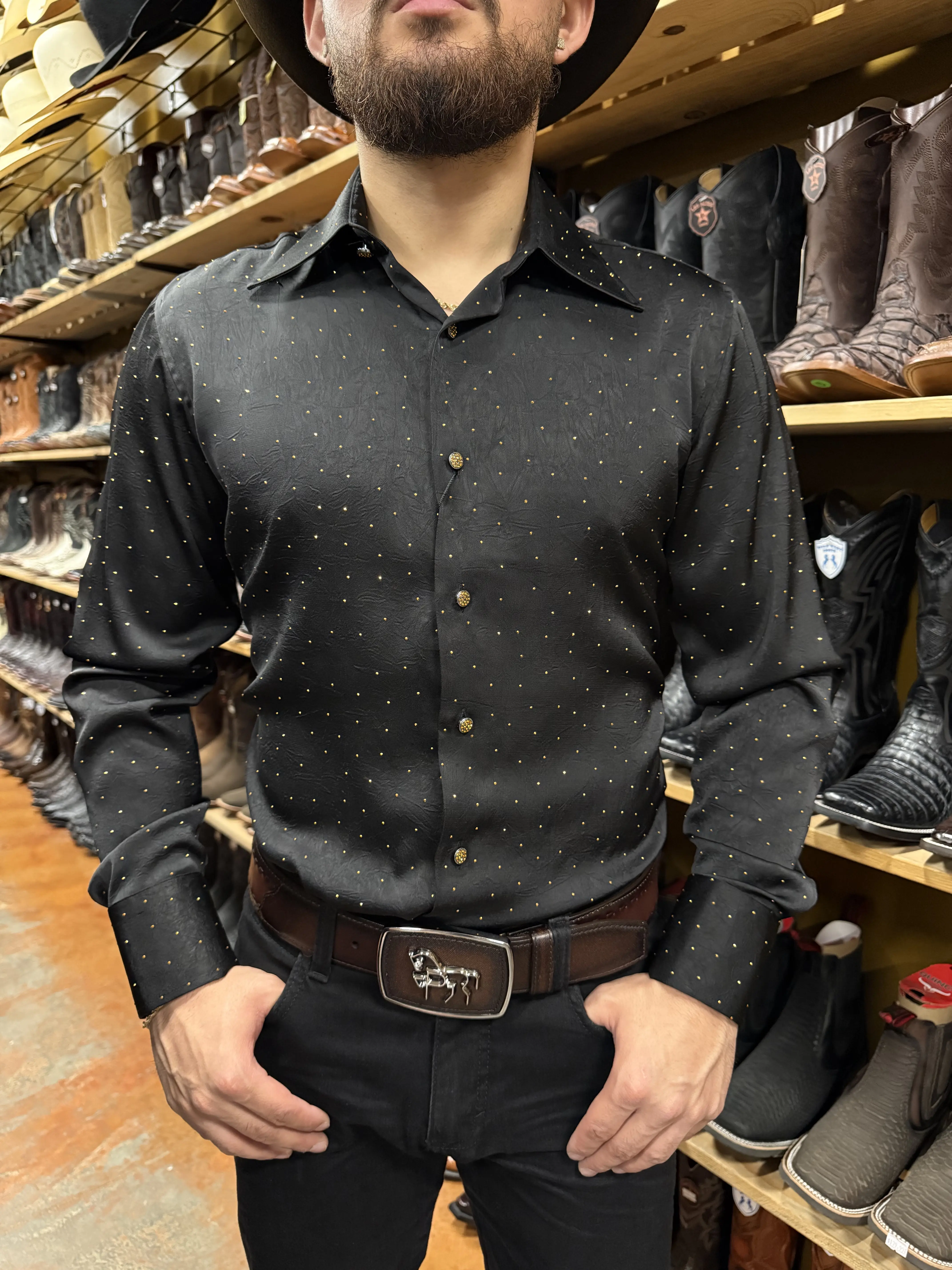 " BARABAS " RHINESTONES LONG SLEEVE SHIRT ( Black / Gold ) " BARABAS " RHINESTONES LONG SLEEVE SHIRT ( Black / Gold )