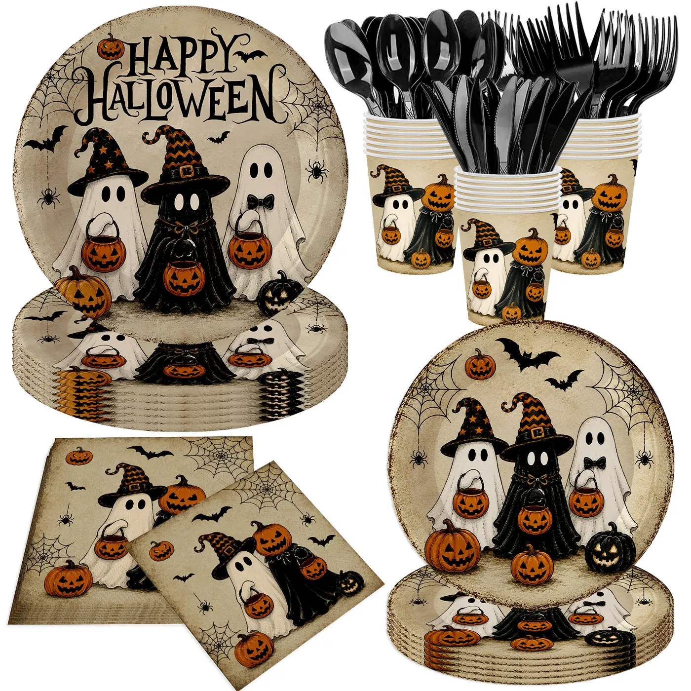 140pcs, Halloween Party Supplies Tableware Set, Retro Gray Happy Halloween Party Decorations Paper Plates And Napkins, Cute Ghost And Pumpkin Dinner Plates, Serves 20 Guests