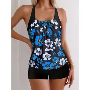 2pcs Elegant Floral Print Tankini Swimsuit Set - Ruffle Trim Bikini Bath Suit with Matching Shorts, High-Elastic Beachwear for Pool & Vacation, Non- Swim Outfit