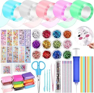 5 Pcs Nano Tape Bubble Kit for Kids, 3m/9.84 ft Each Roll Nano Tape Bubbles Nano Tape Kit Nano Double Sided Tape with Luxe Glitter, Clay, Beads, Cute Stickes,Nano Tape Bubble Kit for Girls