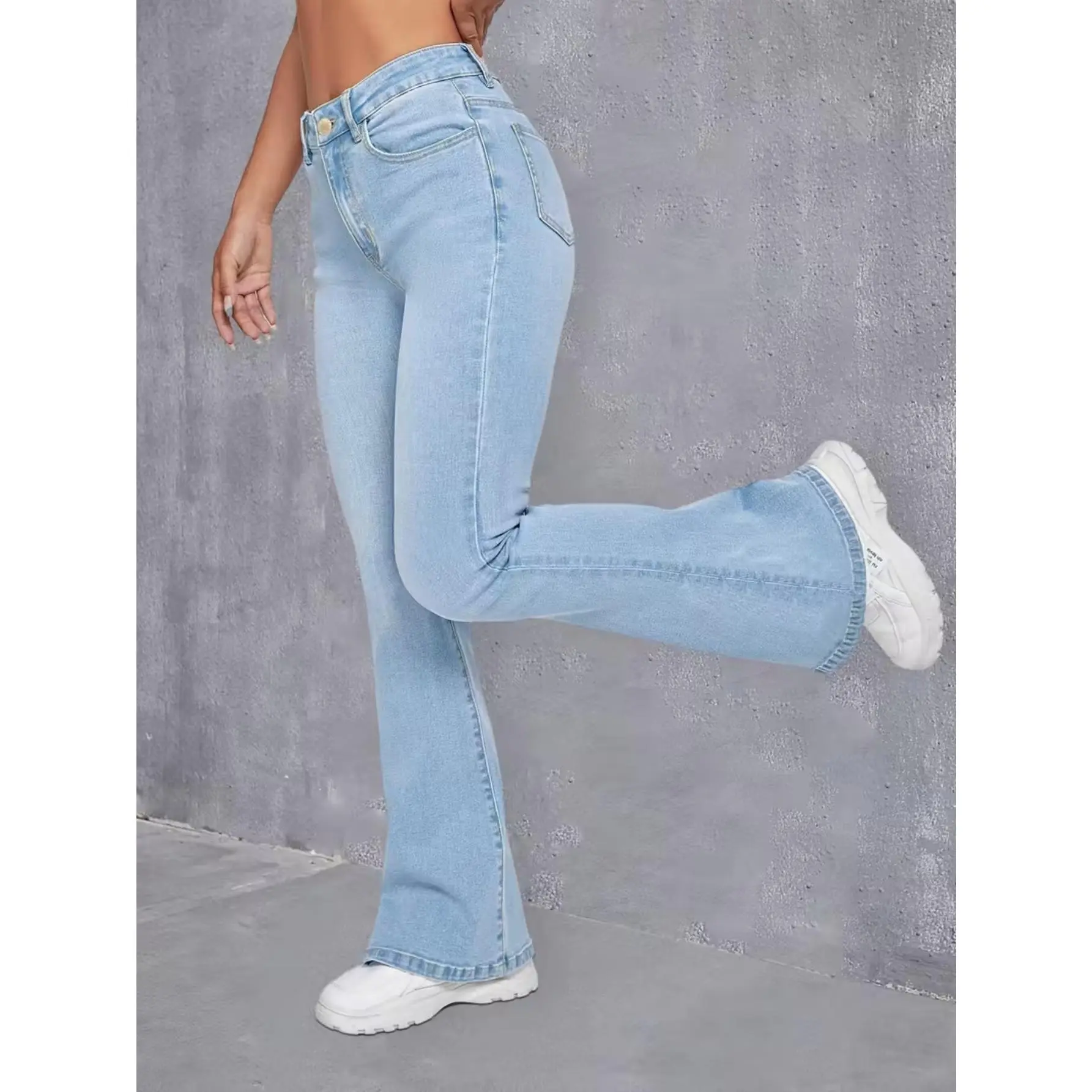 Women's Vintage Minimalist Flared Wide Leg Denim Jeans - Solid Blue Wash, Full Length, Normal Type, Medium Stretch Cotton-Viscose-Elastane, Slim Fit Casual All-Seasons Lady Clothes, Machine Washable, No Dry Clean, Japanese Style, Multi-Size