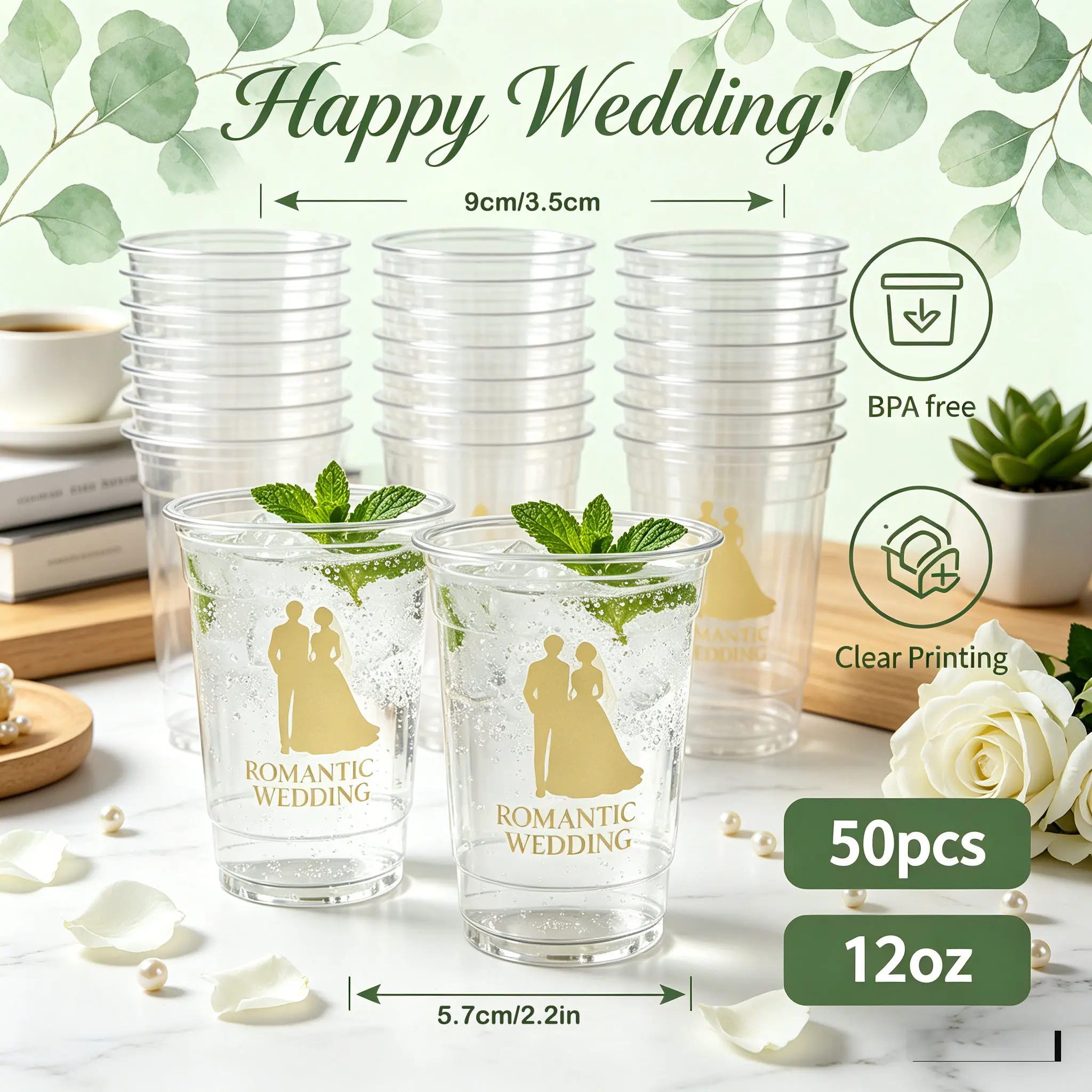 50 wedding plastic cups 12-ounce disposable wedding cups Thick transparent cups for wedding banquets Happily living a happy life Newlyweds' wedding cups