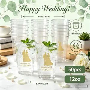 50 wedding plastic cups 12-ounce disposable wedding cups Thick transparent cups for wedding banquets Happily living a happy life Newlyweds' wedding cups