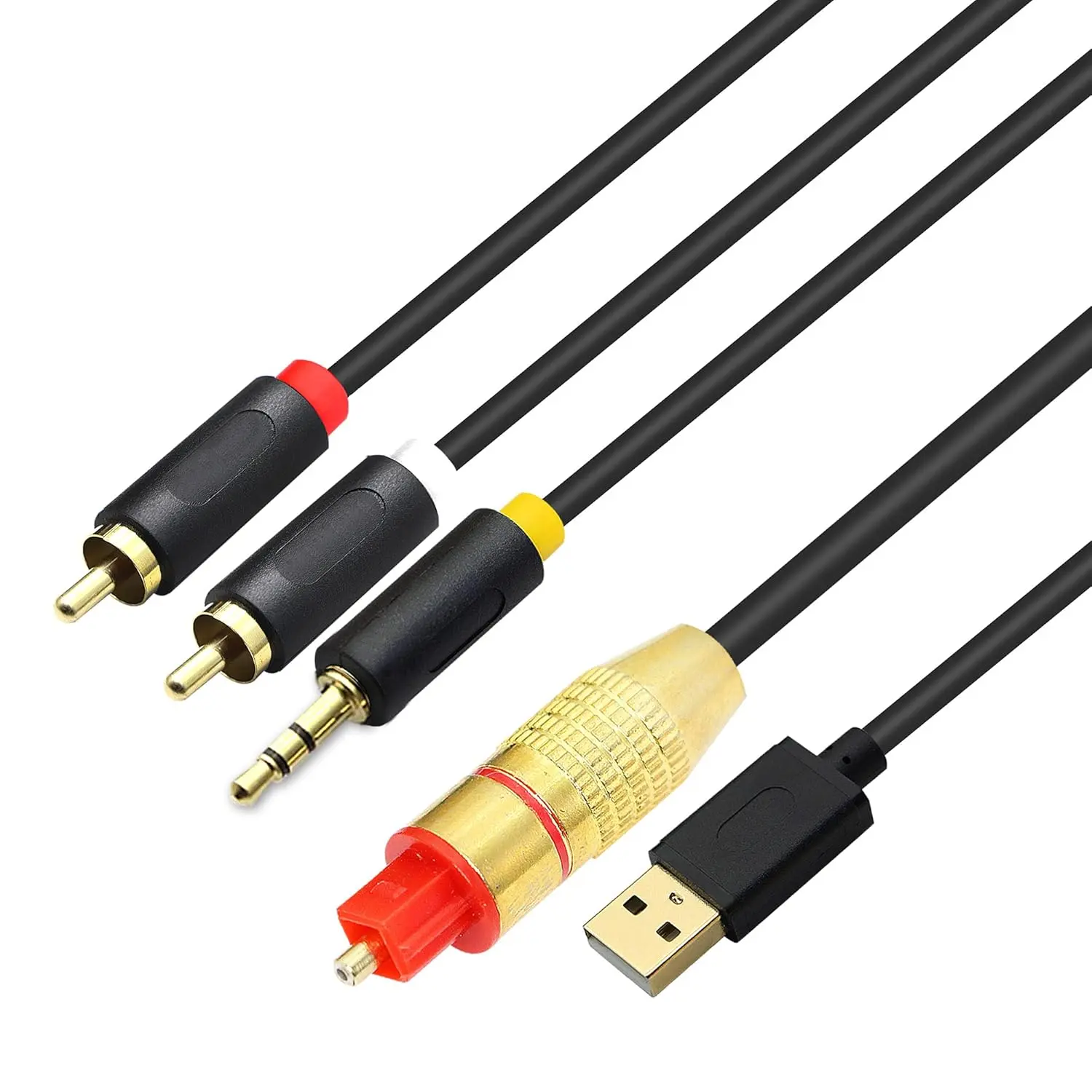 1 x USB Fiber Optic Digital-Analog Audio Cable Accessories - SPDIF Digital Fiber Optic to 3.5mm Plug + 2 RCA Jack Connector, 192kHz Support, 1.5m/4.9ft/59inch, for TV, PS4 Audio Equipment Connection