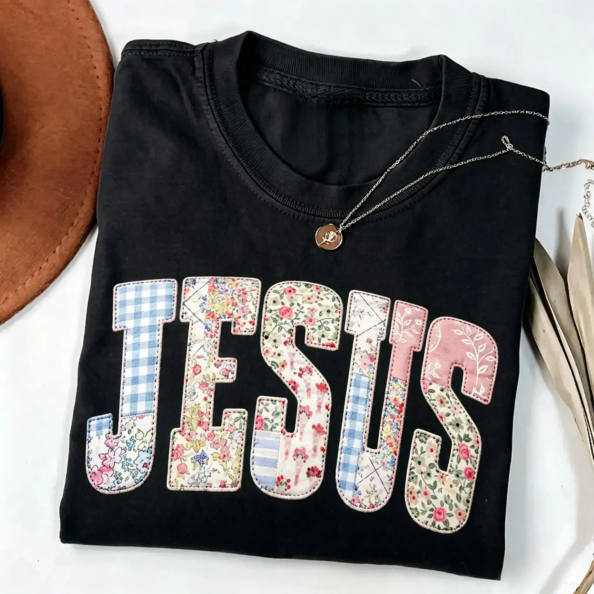 JESUS Patchwork Floral Tee|   Christian Inspirational Vintage Washed Shirt|   Faith Based Oversized Street Style Top