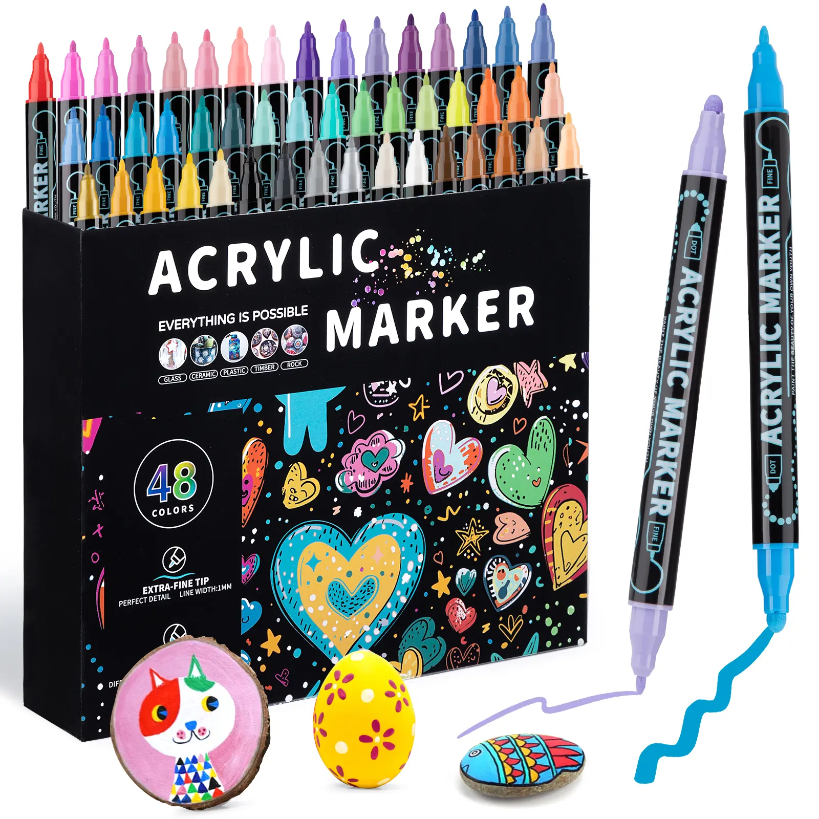 Dual-Tip Acrylic Paint Pens Art Marker Set (12/24/36/48 Count) with Fiber Nibs, Premium Office Writing Tools for Wood, Rock Painting, DIY Crafts Supplies