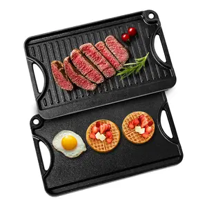 14x8.5in pre-seasoned cast iron grill griddle,reversible black BBQ pan,durable heat resistant cast iron pan,easy clean barbecue kitchenware,heavy duty non damage grill griddle,outdoor indoor reversible griddle,long lasting cast iron BBQ pan