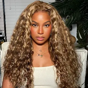 UNice Caramel Brown with Honey Blonde Highlights Water Wave Wig Pre Everything 13x4 Lace Frontal Human Hair Wig with Drawstring Natural Hailine Ready to Wear Beginers Friendly