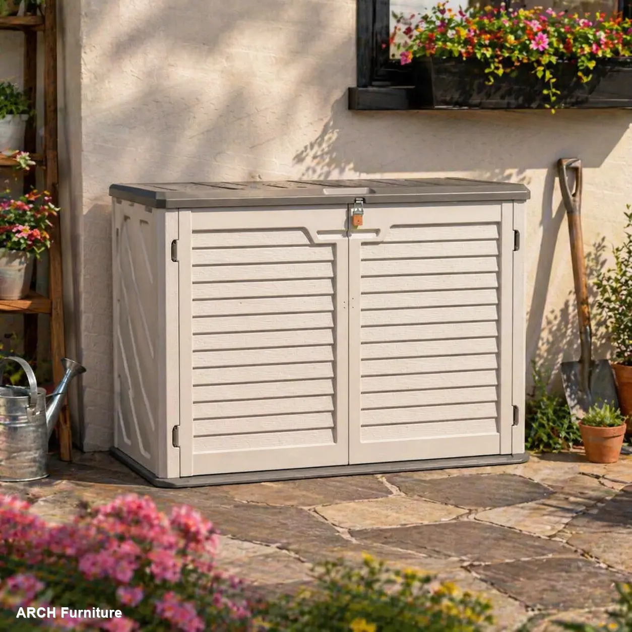 ARCH Horizontal Storage Shed Weather Resistance, Large Outdoor Storage Cabinet Lockable, Thick HDPE Plastic Storage Unit for Backyards, Patio, Garden(28 Cu.ft/Ivory ) White