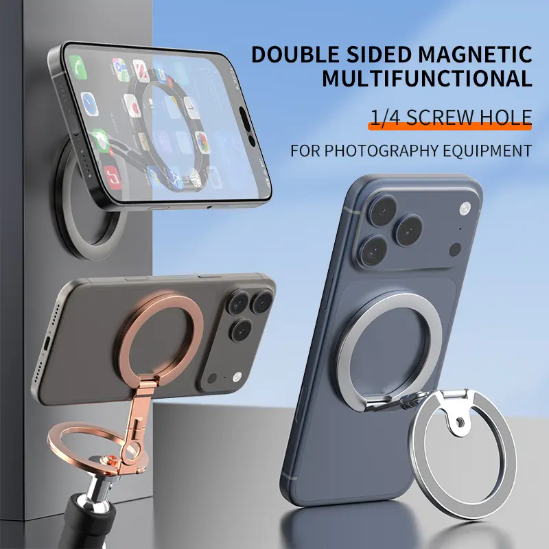 MagSafe Magnetic Cellphone Ring Holder with 1/4 Screw Hole, Double-Sided Magnetic Mount, 360° Rotatable Metal Kickstand Finger Grip for Tripod, Selfie Stick, iPhone 17/16/15 Series & Smartphones