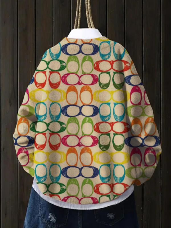 Women's Colorful Geometric Pattern Stand Collar Sweater, Fall Winter Casual Long Sleeve Knitwear, Comfortable Warm Daily Wear