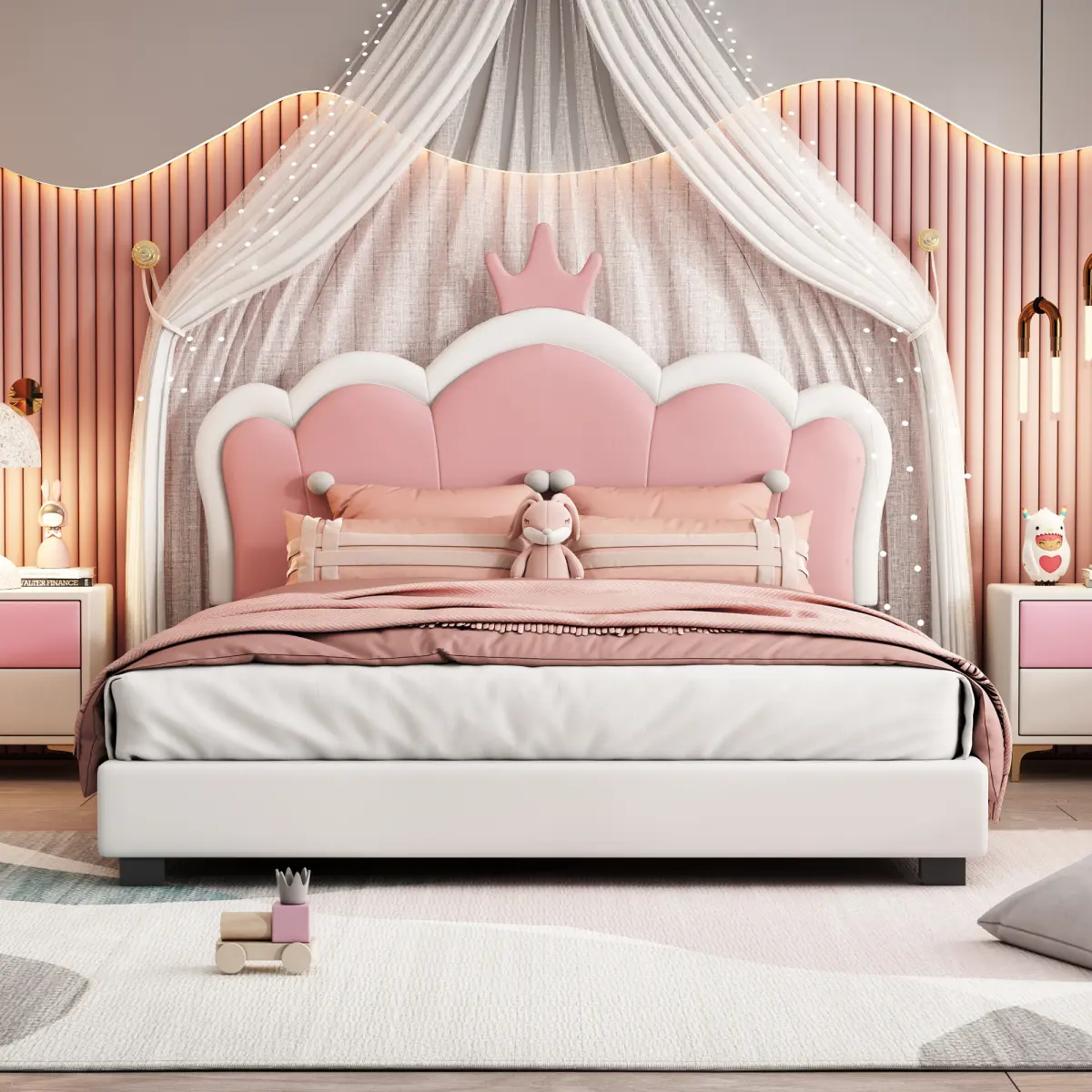 Full Size PU Leather Princess Platform Bed for Girls - Wood Frame, Sturdy Crown Headboard, Footboard, Blush Pink Finish, 6-10" Mattress Fit, Box-Spring Free, 10-Slat Stability, DIY Assembly Option