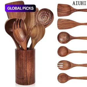Wooden Utensil Set, 7 Counts/set Kitchen Cooking Utensils with Storage Bucket, Kitchen Utensils Set for Home Use, Hand Tools, Spoons Set, Cookware #GLOBAL PICKS