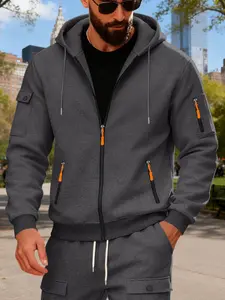 Men's Hooded Sweatshirt with Zipper Arms & Pockets, Plain Casual Oversized Sporty Design for Fall Winter Season, Comfortable Daily Wear Outerwear