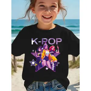 Girls Trendy Summer T-Shirt with Letter & K-Pop Anime Girl Print, Soft Comfortable Casual Versatile Top