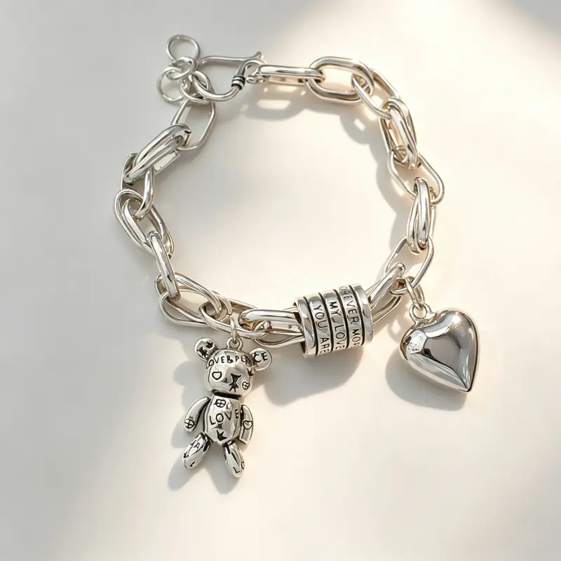 Sterling Silver Arm Candy Accessory with a Retro Look Heart, Cross & Psalm Charm, All Seasons Jewelry for Youth Casual Wear, Affordable Luxury, Heart Shape, Birthday, Arm Candy Accessories, Daily, Elegant, Charms & Pendants, Retro Heart
