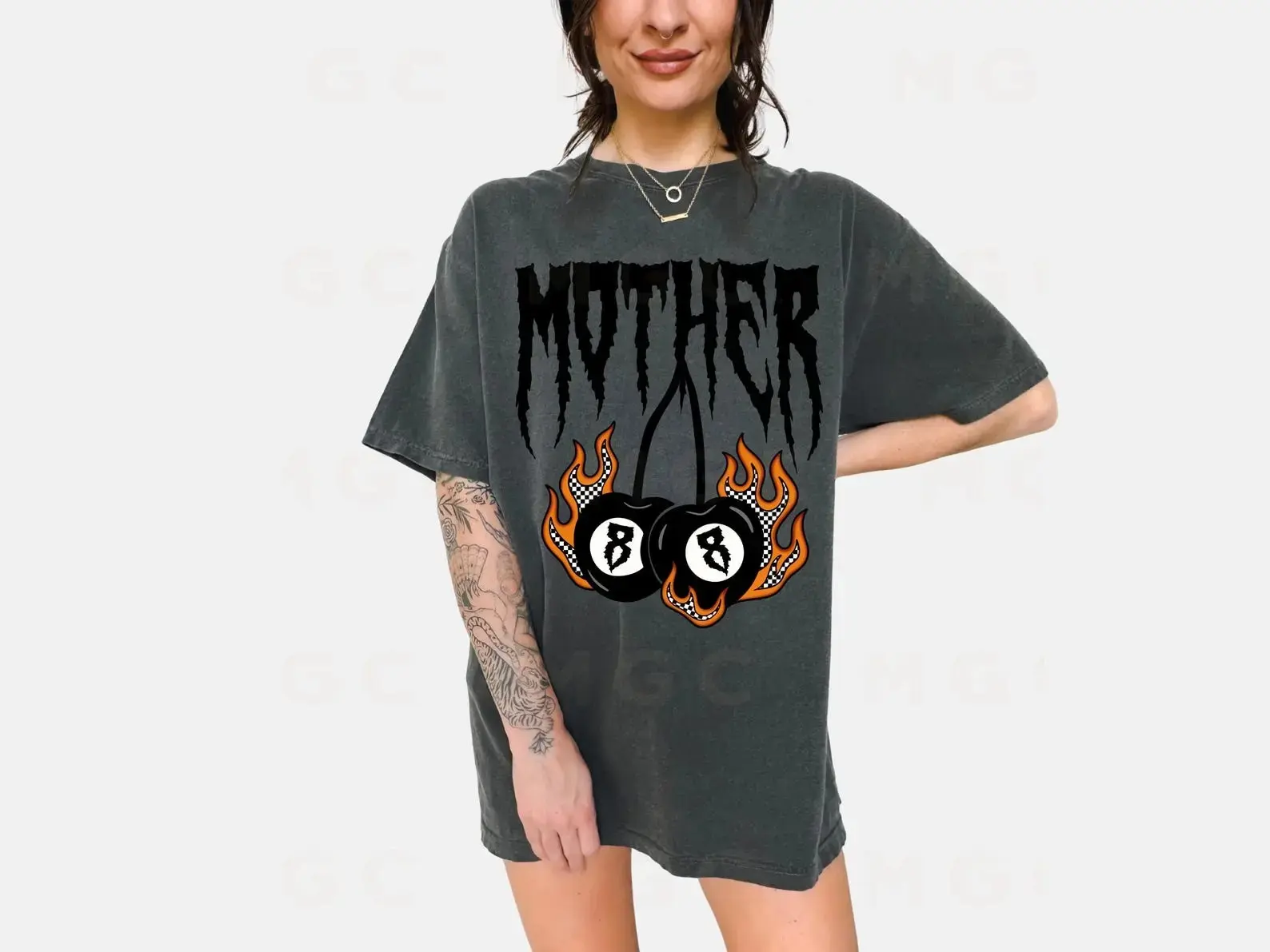 Comfort Color Heavy Metal Mother Shirt, 8 ball cherries with flames, alternative mom shirt, emo mom, grunge mom, streetwear