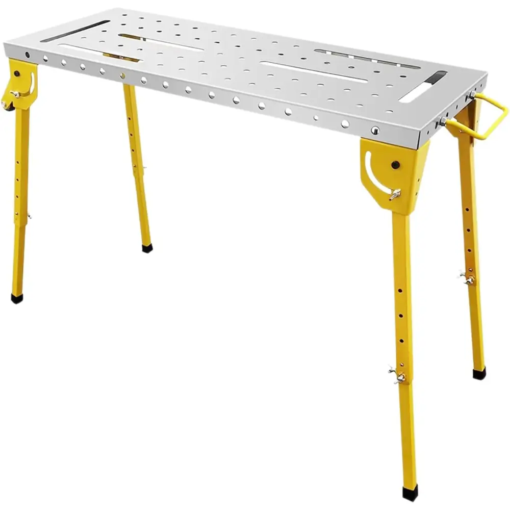 Steel Folding Welding Table for Welders - 44x21in Metal Workbench, 500lbs Load Capacity, Nitrided Top, 5/8" Holes, Compact Portable Castered Cart with Brakes, Functional Workshop Tool