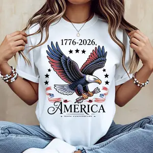 Eagle And Stars 1776 2026 America Print T Shirt White Casual Loose Fit Tee For Everyday Wear And Outdoor Activities