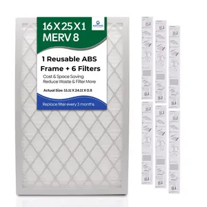 Airtime Filters Reusable 16x25x1 Merv 8 Air Filter with 6 Pleated Filters, ABS Plastic Frame for Cost-Effective Indoor Air Filtration