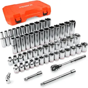 55-Piece 3/8" Drive Set, Shallow & Deep Kit (6-24mm & 1/4"-1"), SAE & Metric, Includes 3" Extension Bar, Joint & 90-Tooth Ratchet, 6-Point