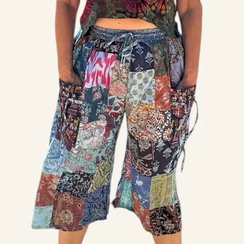 LONG SHORTS Cotton Patchwork  Hippie Festival Unisex Colorful Bohemian Style Pants for Men & Women Pockets Lightweight Casual Bottoms